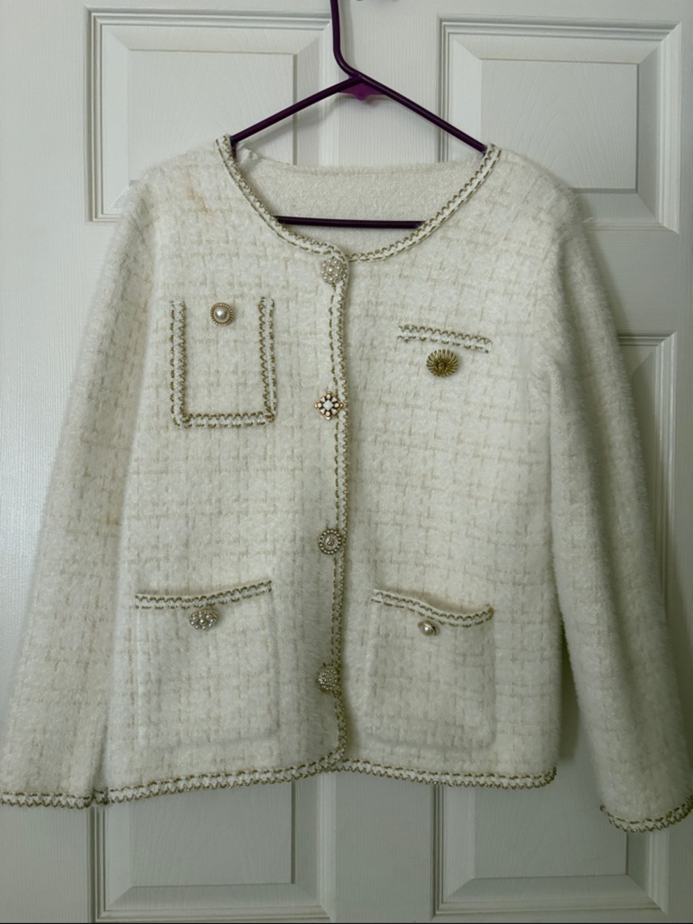 Women's Cream Tweed Boxy Jacket with Decorative Buttons